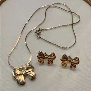 Gold Tone Bow Necklace with Stud Earrings | Classic Jewelry Set